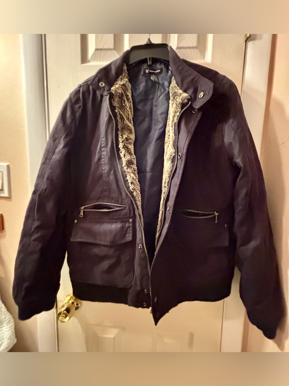 INC International Concepts Navy Bomber Jacket with Faux-Fur Lining